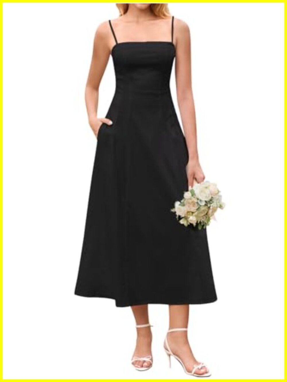 Semi Formal Midi Summer Dress with Pockets Spaghetti Strap Fit and Flare